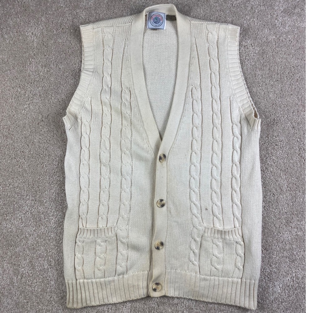 Cape Isle Knitters Mens Cream Cable Knit Cotton Cardigan Vest Size M